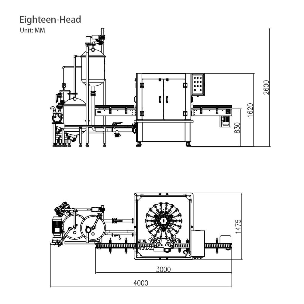 Automatic Eighteen-Head Rotary Vacuum Filling Machine (for Small and Medium Glass Bottles) XBKG-18 4 Dimensions of a fully automatic 16 head vacuum filling machine 4